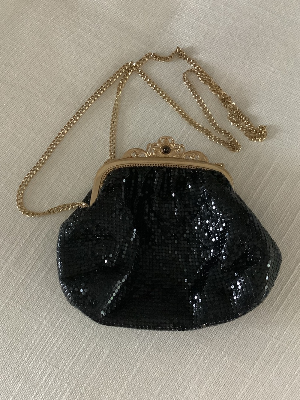 Vintage Black Mesh Evening Bag Gold Frame Chain Purse 1990s